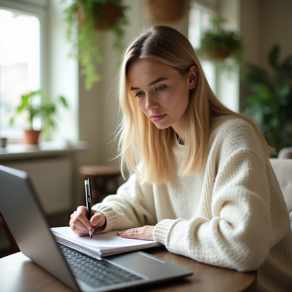 Person schreibt Definitionen in ein Notizbuch, umgeben von Finanzunterlagen und einem Laptop
